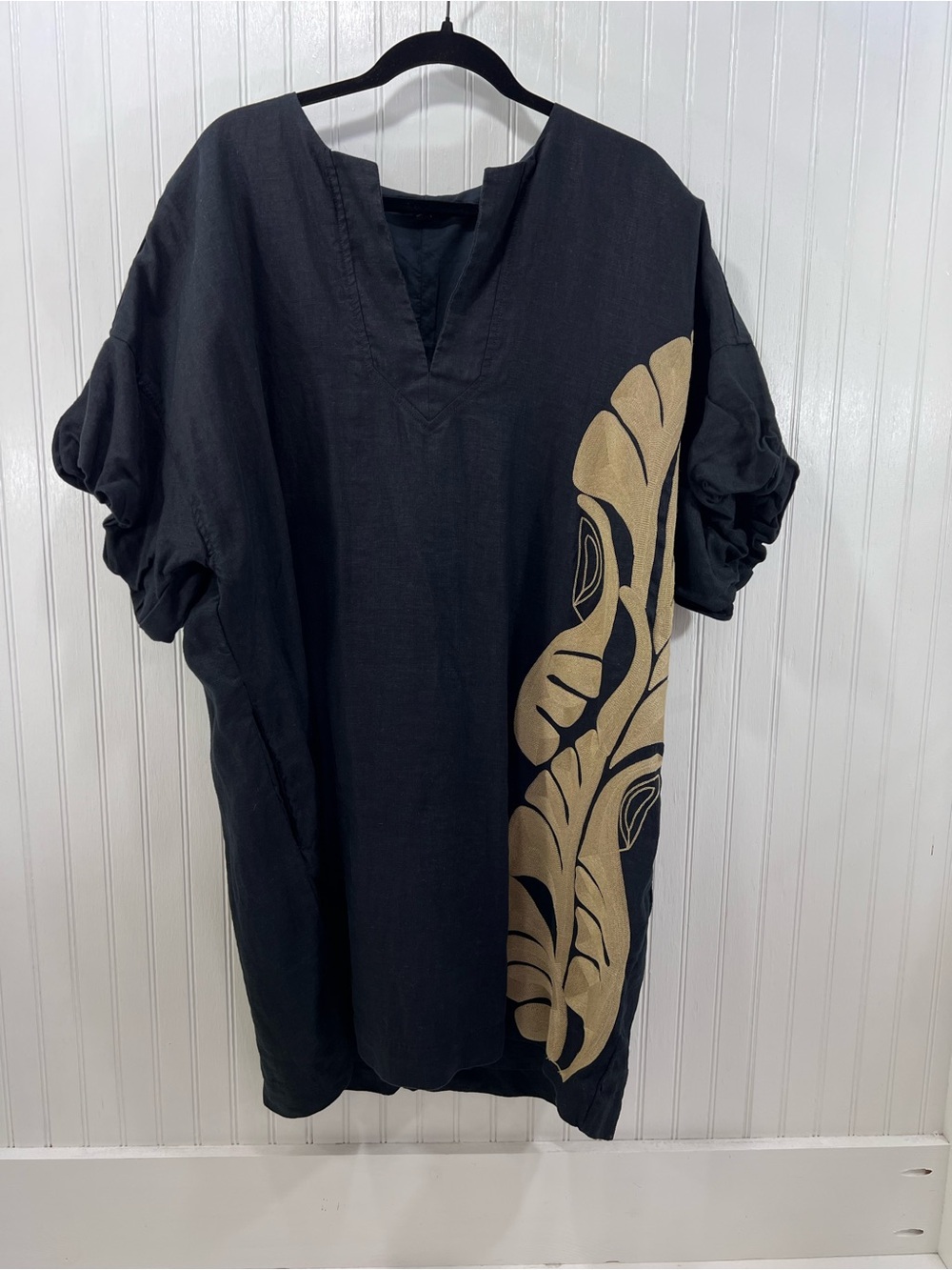 Banana Republic Botanica Embroidered Linen Mini Dress Size XL Black Gold Palm